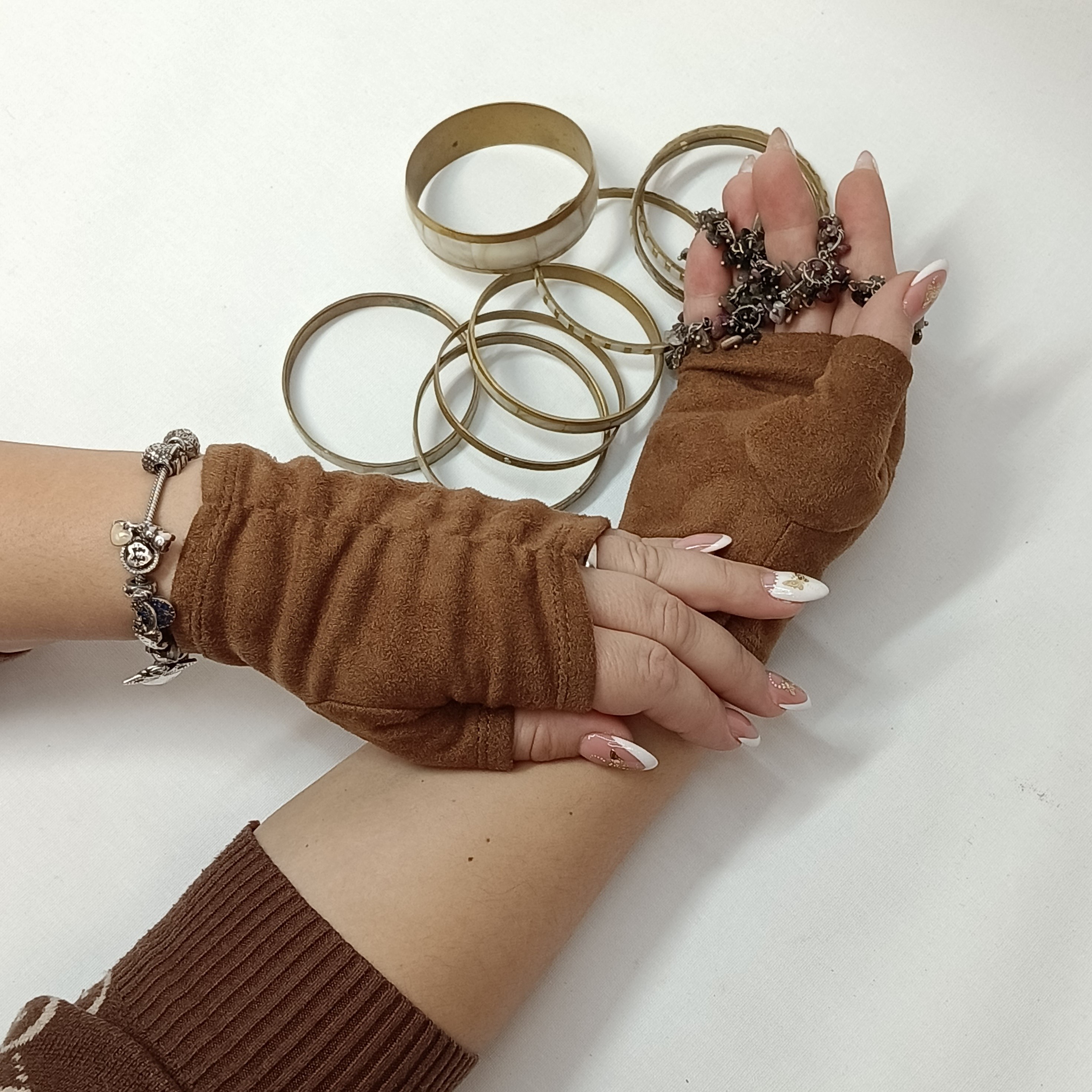 Перчатки митенки женские коричневые